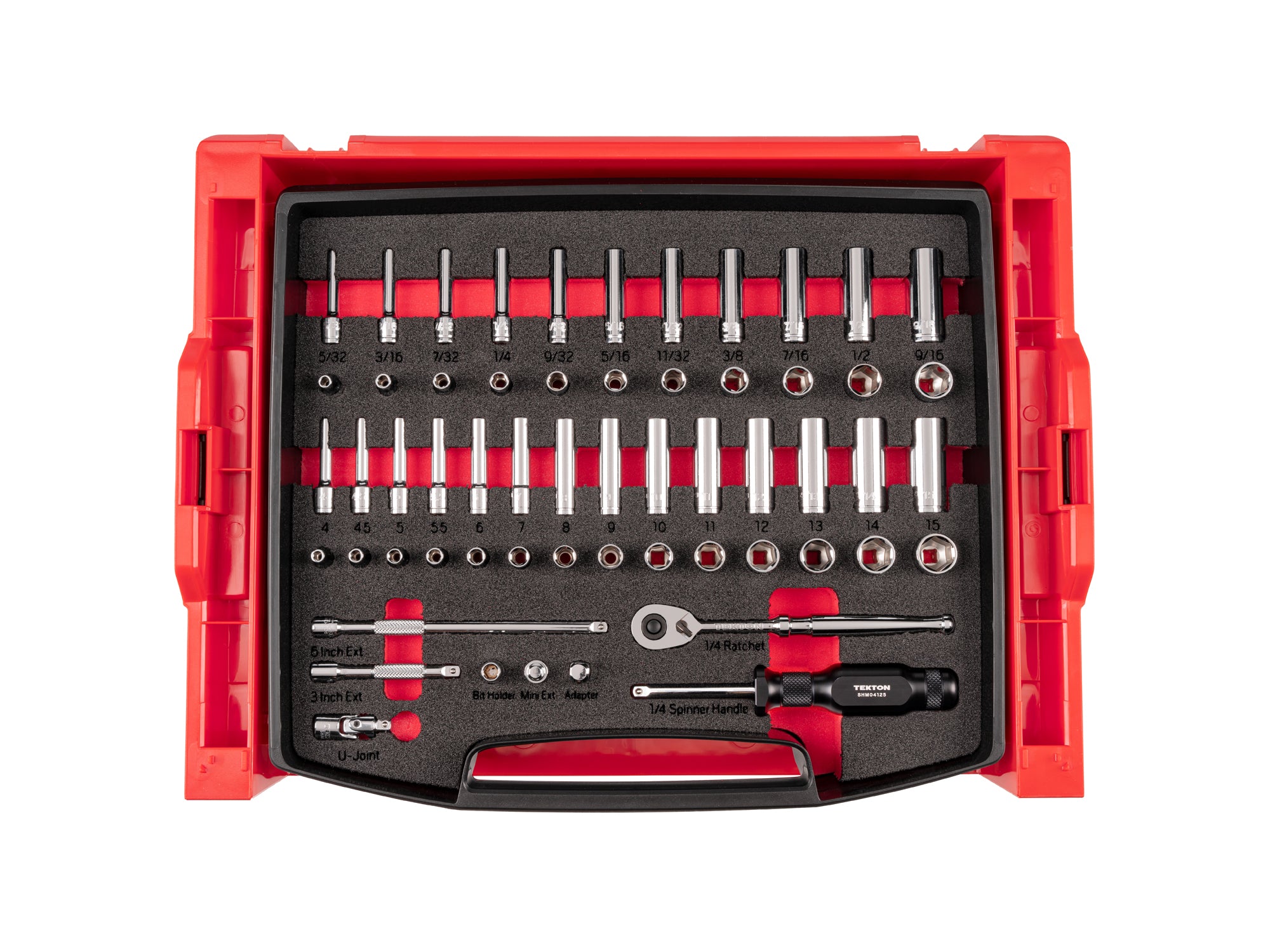 TEKTON 1/4 Inch Drive 6-Point Socket and Ratchet Set with Open Top Drawer and Rack, 58-Piece (5/32-9/16 in., 4-15 mm) | OLB94303