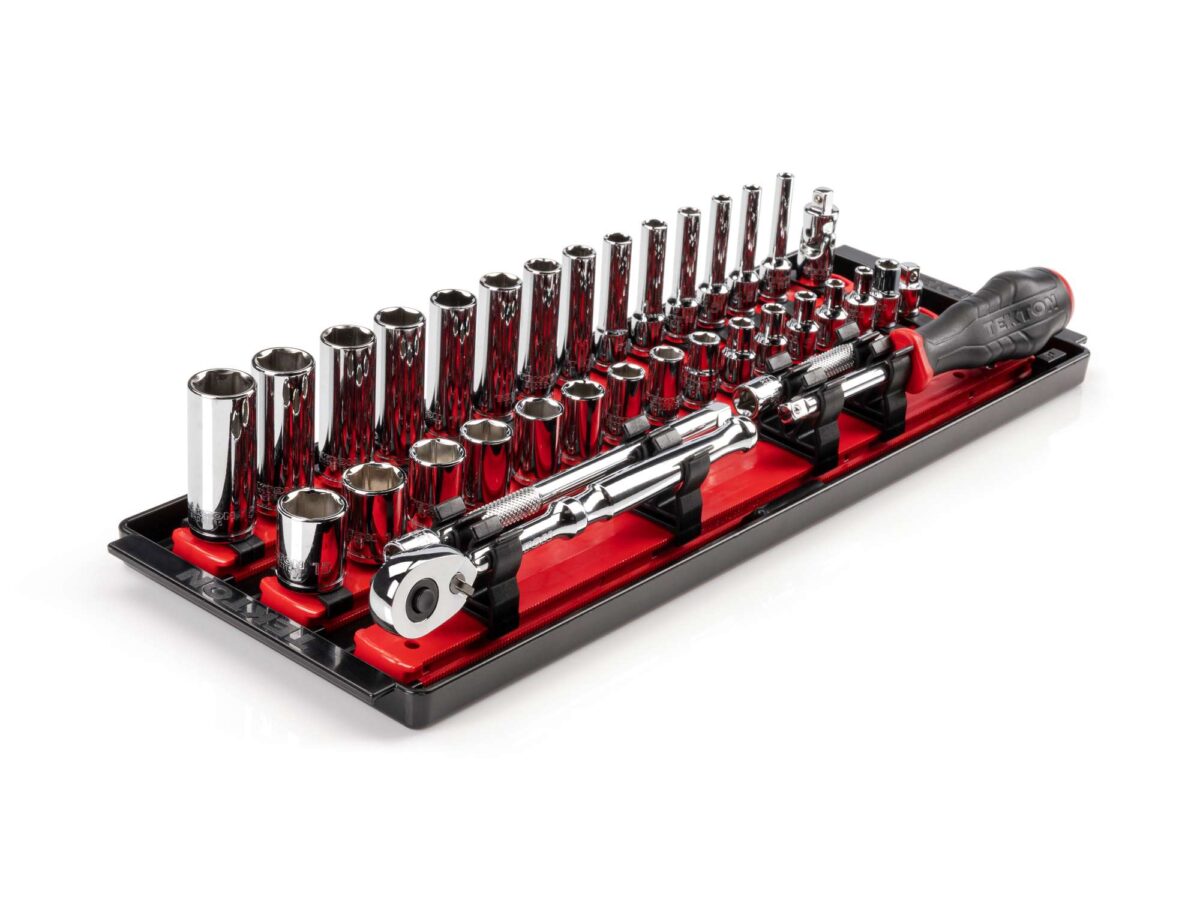 TEKTON 1/4 Inch Drive 6-Point Socket and Ratchet Set with Rails and Tray, 35-Piece (4-15 mm) | SKT03201 Main image