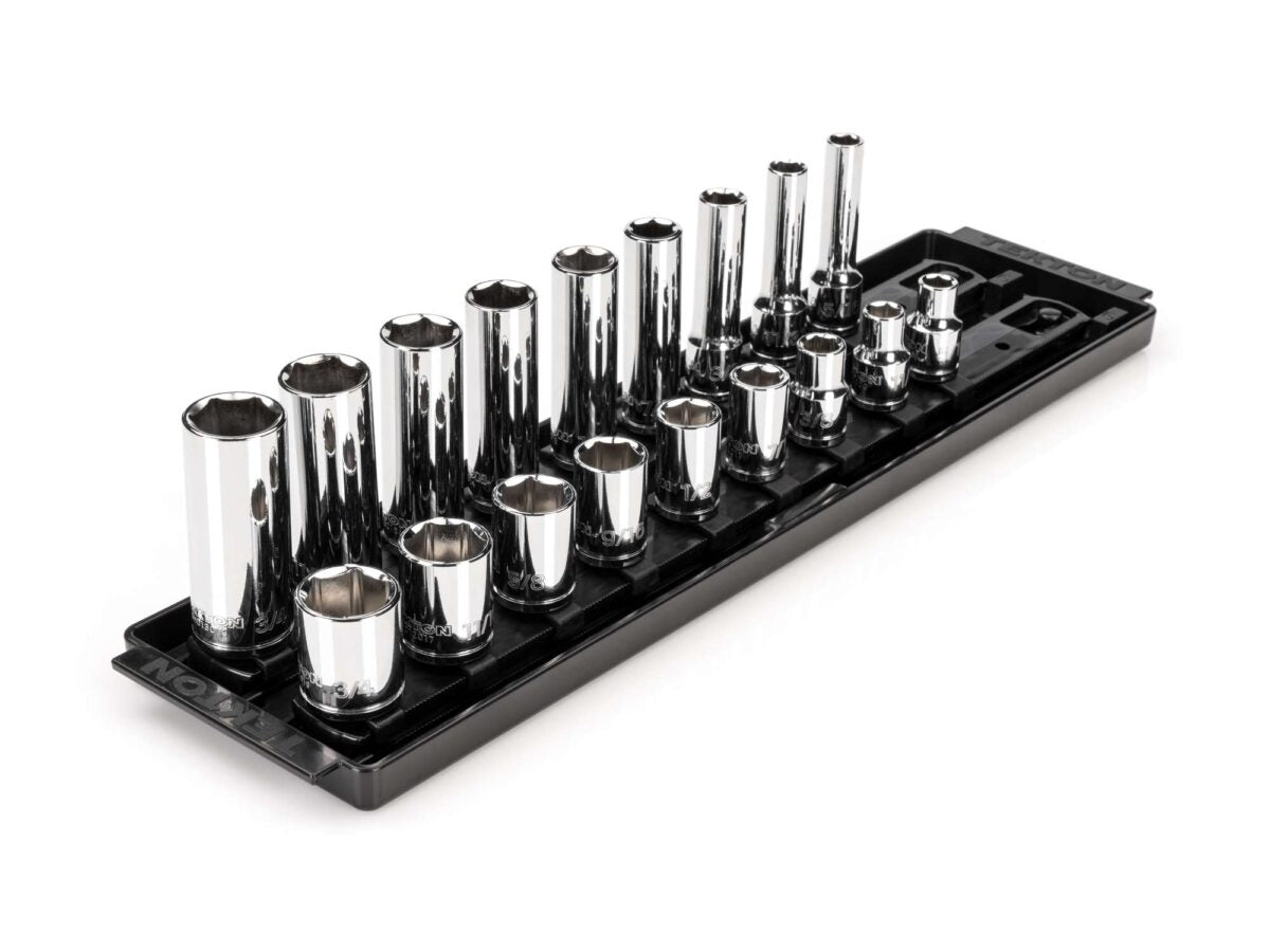 TEKTON 3/8 Inch Drive 6-Point Socket Set with Rails and Tray, 18-Piece (5/16-3/4 in.) | SHD91213