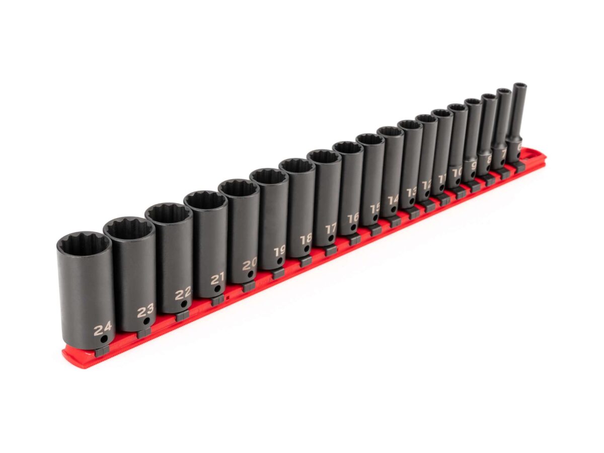 TEKTON 3/8 Inch Drive Deep 12-Point Impact Socket Set with Rail, 19-Piece (6-24 mm) | SID91115 Main image