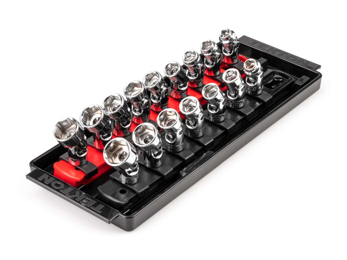 TEKTON 1/4 Inch Drive 6-Point Universal Joint Socket Set with Rails and Tray, 16-Piece (1/4-9/16 in., 6-14 mm) | SHD90217 Main image