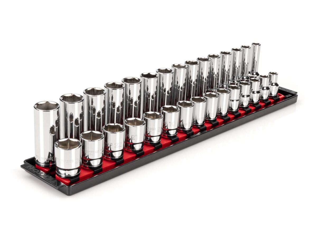 TEKTON 1/2 Inch Drive 6-Point Socket Set with Rails and Tray, 30-Piece (10-24 mm) | SHD92211