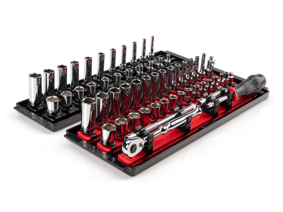 TEKTON 1/4 Inch Drive 6-Point Socket and Ratchet Set with Rails and Trays, 57-Piece (5/32-9/16 in., 4-15 mm) | SKT03301 Main image