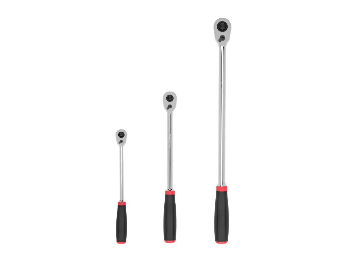 TEKTON 1/4, 3/8, 1/2 Inch Drive Quick-Release Comfort Grip Long Ratchet Set, 3-Piece (9, 12, 18 in.) | SRH99124
