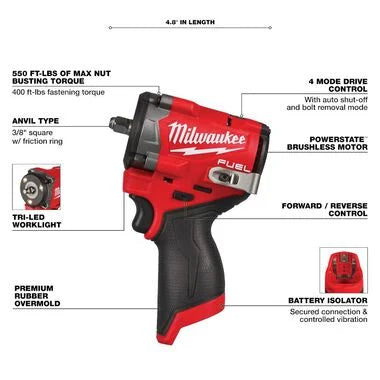 Milwaukee M12 FUEL (STUBBY) 3/8 Inch Impact Wrench w/ FREE High Output 5.0 Battery Secondary image