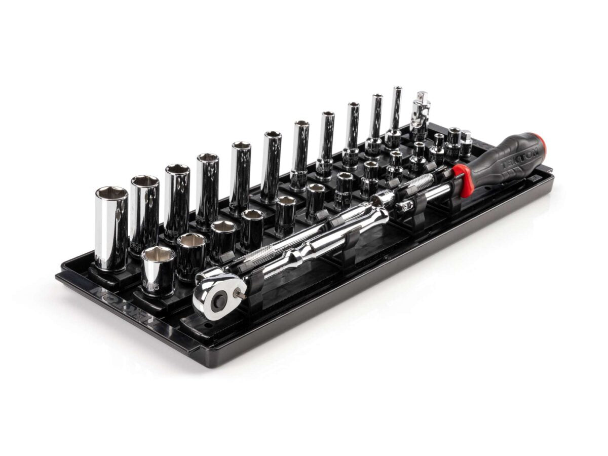 TEKTON 1/4 Inch Drive 6-Point Socket and Ratchet Set with Rails and Tray, 29-Piece (5/32-9/16 in.) | SKT03101