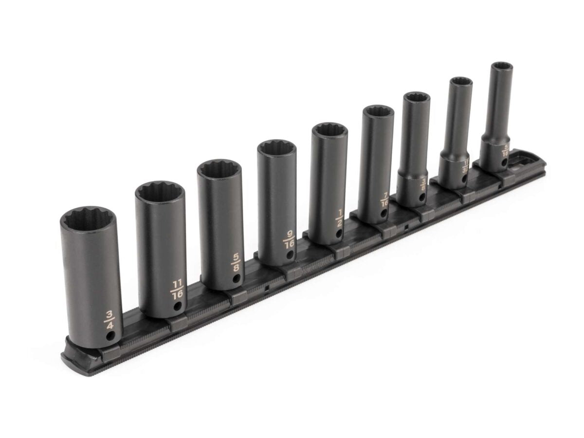 TEKTON 3/8 Inch Drive Deep 12-Point Impact Socket Set with Rail, 9-Piece (5/16-3/4 in.) | SID91109