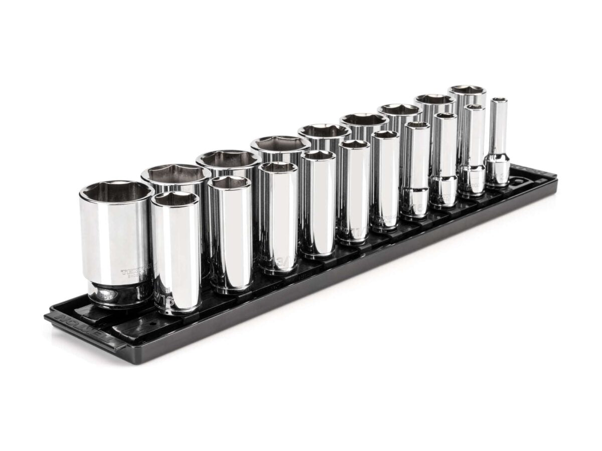 TEKTON 1/2 Inch Drive Deep 6-Point Socket Set with Rails and Tray, 19-Piece (3/8 - 1-1/2 in.) | SHD92123