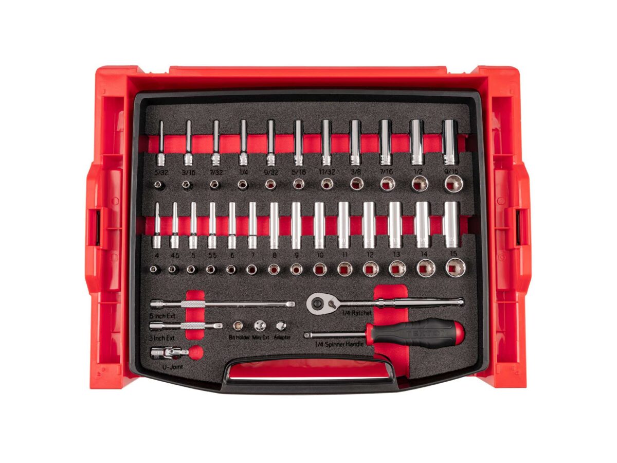 TEKTON 1/4 Inch Drive 12-Point Socket and Ratchet Set with Open Top Drawer and Rack, 58-Piece (5/32-9/16 in., 4-15 mm) | OLB94304 Main image