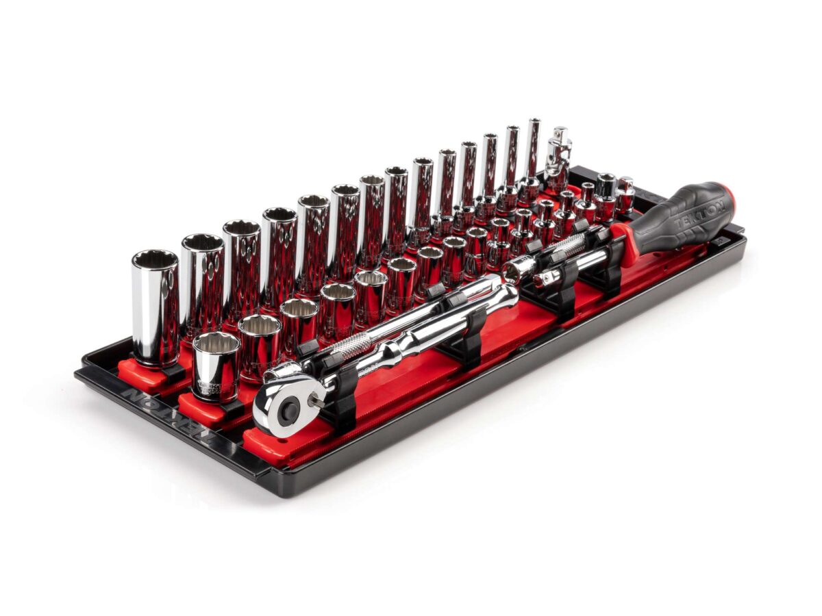 TEKTON 1/4 Inch Drive 12-Point Socket and Ratchet Set with Rails and Tray, 35-Piece (4-15 mm) | SKT03202