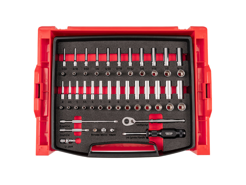 TEKTON 1/4 Inch Drive 12-Point Socket and Ratchet Set with Open Top Drawer and Rack, 58-Piece (5/32-9/16 in., 4-15 mm) | OLB94304 Main image