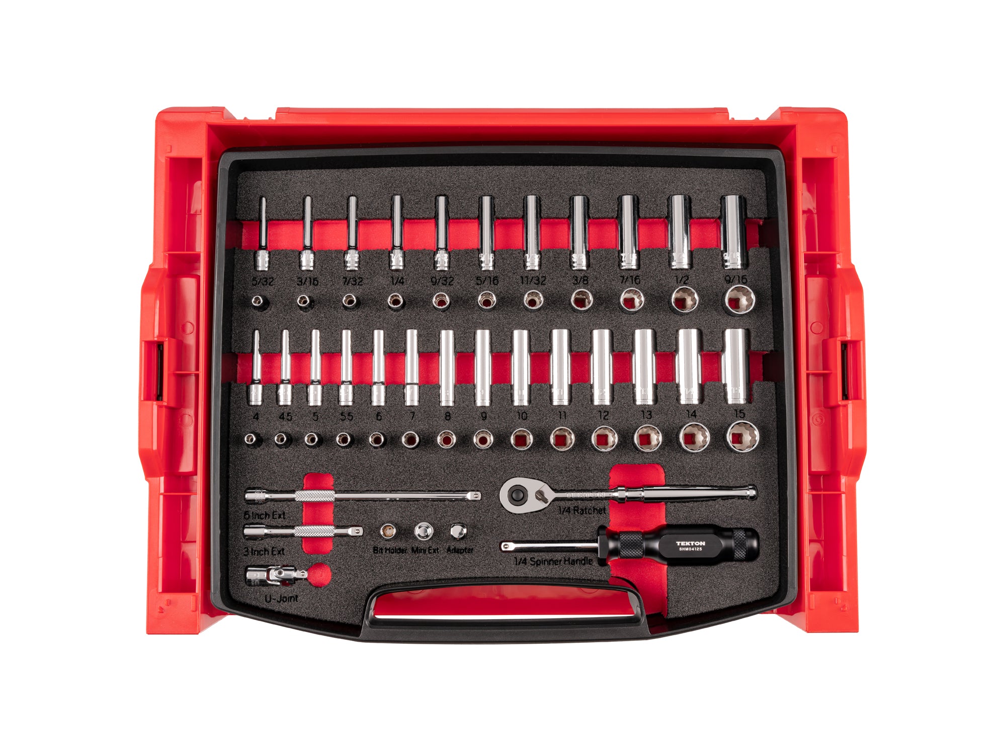 TEKTON 1/4 Inch Drive 12-Point Socket and Ratchet Set with Open Top Drawer and Rack, 58-Piece (5/32-9/16 in., 4-15 mm) | OLB94304