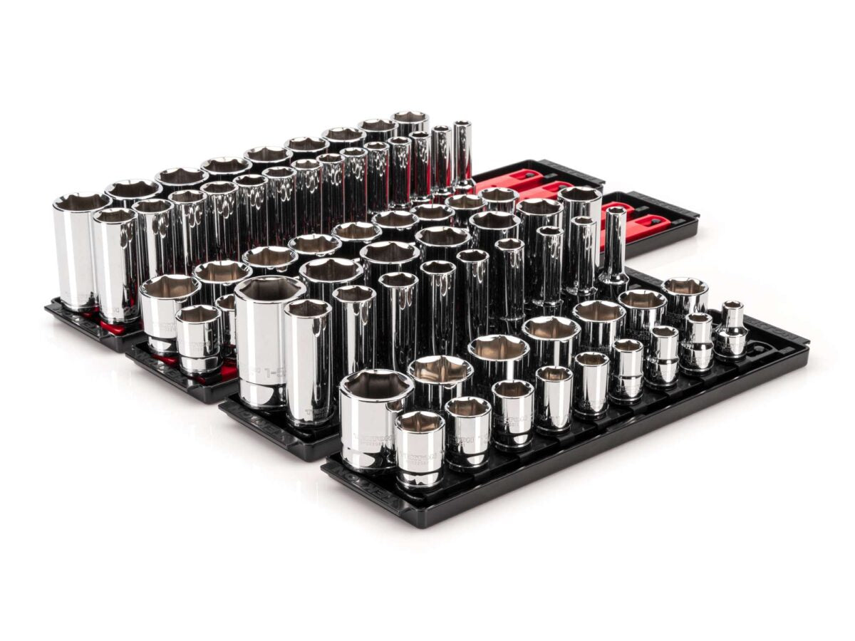 TEKTON 1/2 Inch Drive 6-Point Socket Set with Rails and Trays, 78-Piece (3/8 - 1-5/16 in., 10-32 mm) | SHD92215