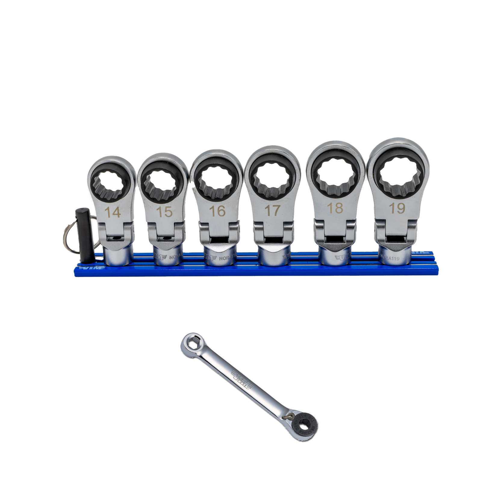 VIM Tools 6 Piece 12 Point Offset, Flex Head Ratcheting Wrench Attachments (14 - 19 mm)