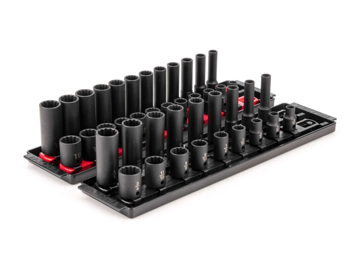 TEKTON 3/8 Inch Drive 12-Point Impact Socket Set with Rails and Trays, 42-Piece (5/16-3/4 in., 8-19 mm) | SID91217