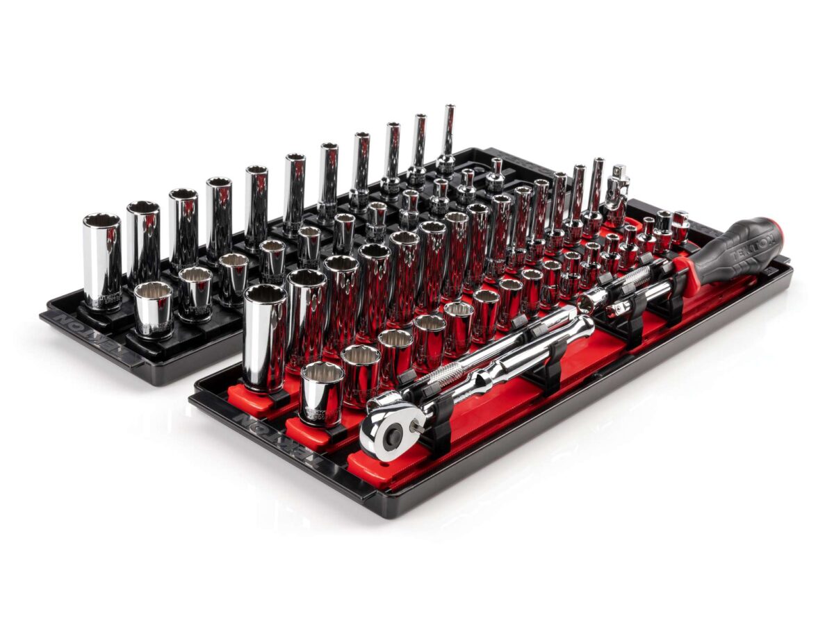 TEKTON 1/4 Inch Drive 12-Point Socket and Ratchet Set with Rails and Trays, 57-Piece (5/32-9/16 in., 4-15 mm) | SKT03302 Main image