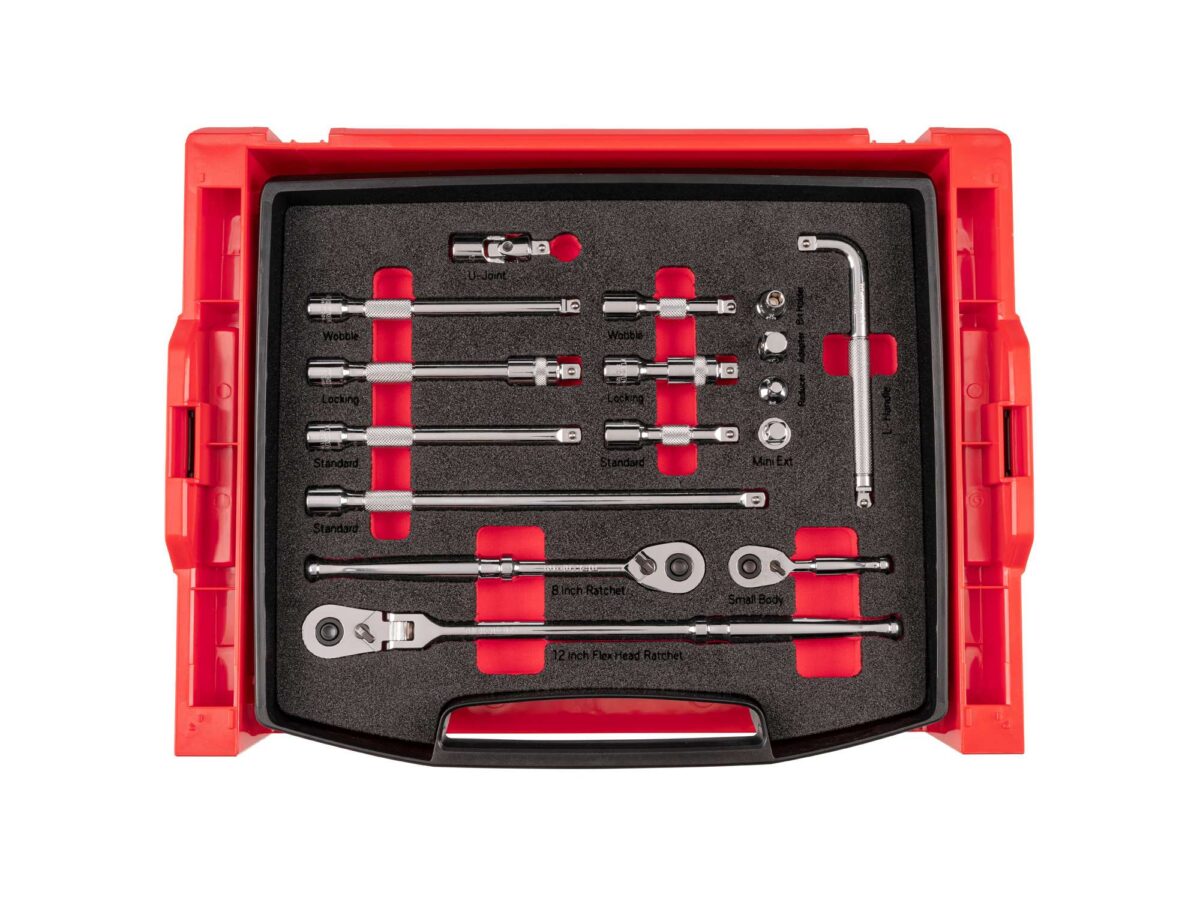 TEKTON 3/8 Inch Drive Ratchet and Accessories Set with Open Top Drawer and Rack (16-Piece) | OLB94309