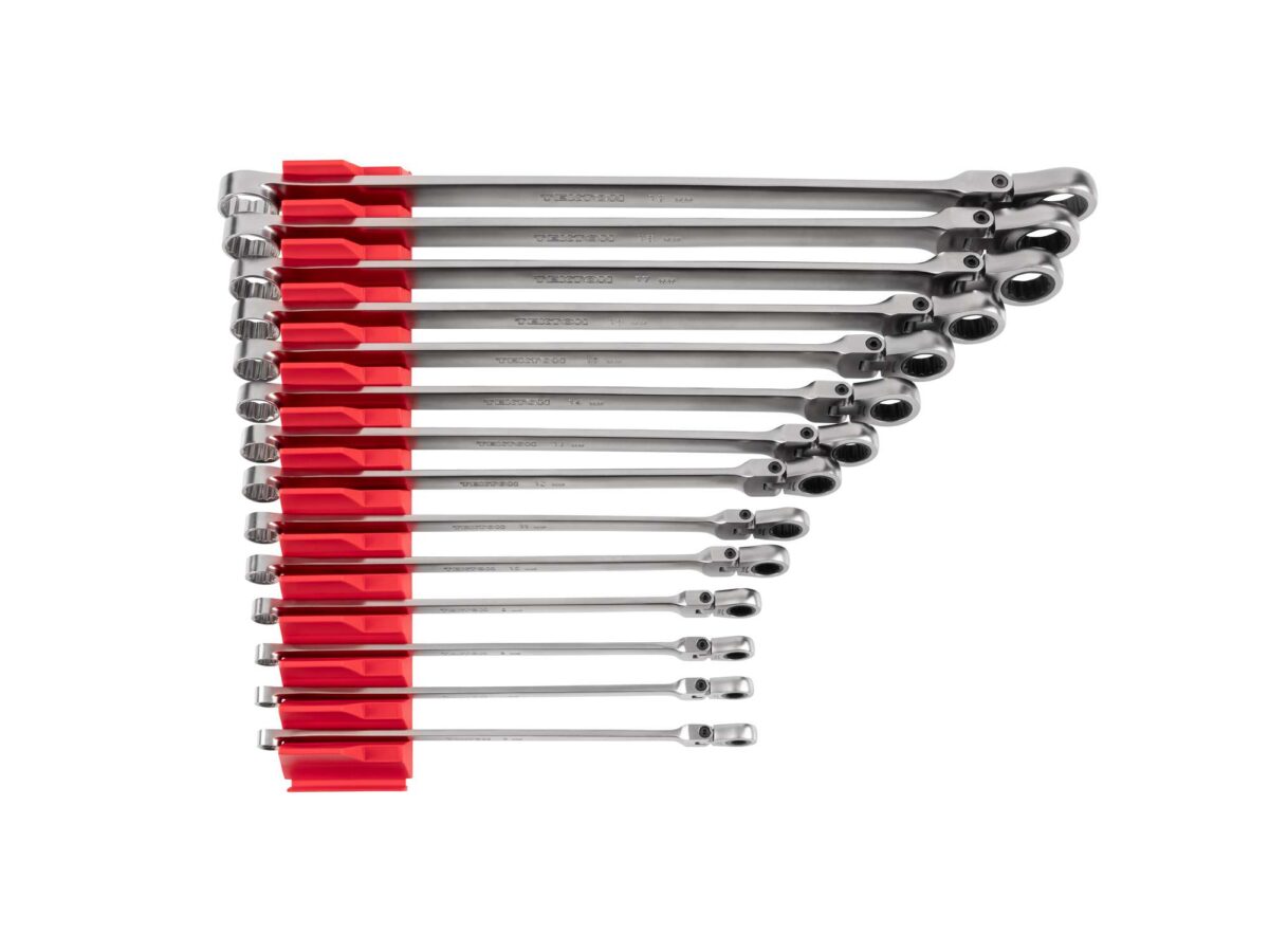 TEKTON Long Fixed/Flex Head 12-Point Ratcheting Box End Wrench Set with Modular Organizers, 14-Piece (6-19 mm) | WRB95303 Main image
