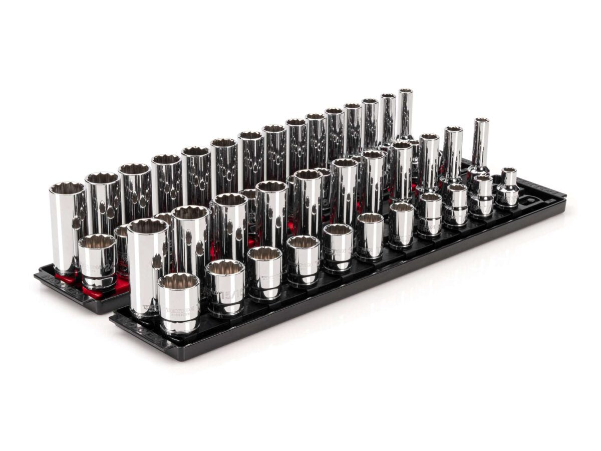 TEKTON 1/2 Inch Drive 12-Point Socket Set with Rails and Trays, 52-Piece (3/8-1 in., 10-24 mm) | SHD92214 Main image