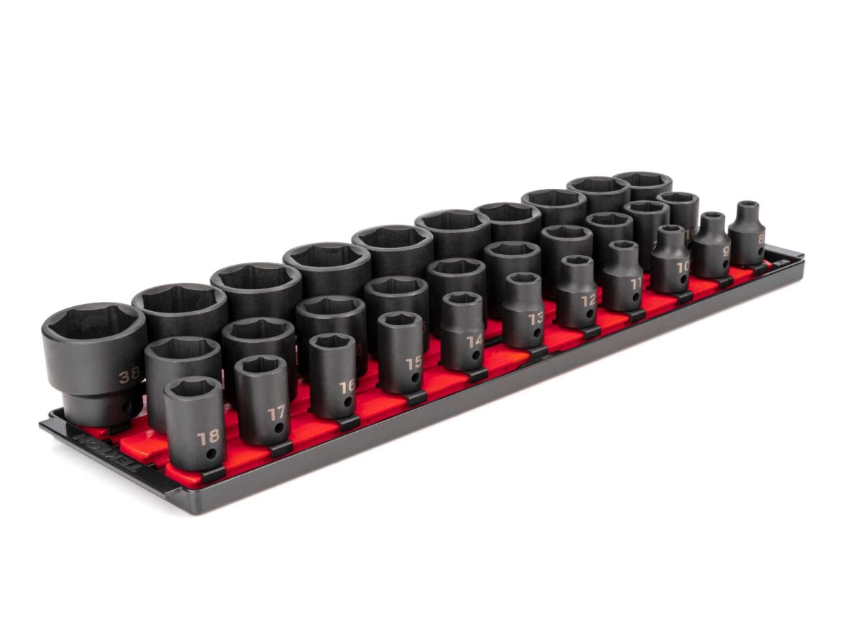 TEKTON 1/2 Inch Drive 6-Point Impact Socket Set with Rails and Tray, 31-Piece (8-38 mm) | SID92104