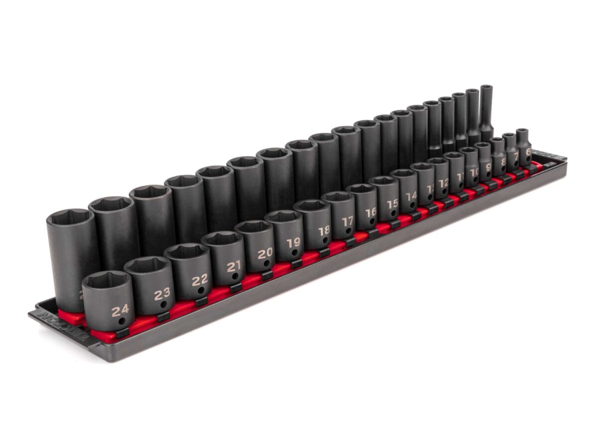 TEKTON 3/8 Inch Drive 6-Point Impact Socket Set with Rails and Tray, 38-Piece (6-24 mm) | SID91211