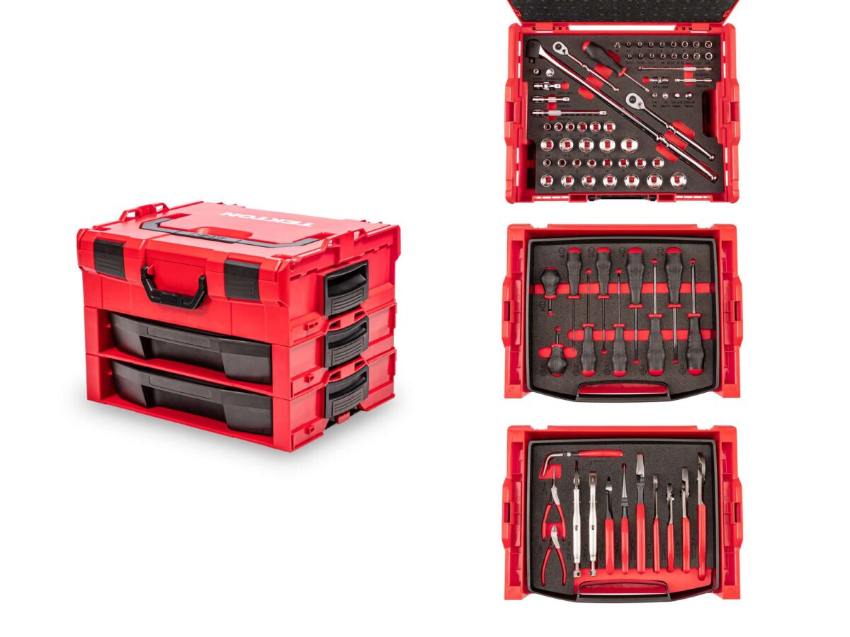 TEKTON 1/4, 3/8 Inch Drive 6-Point Socket and Ratchet, Screwdriver, and Pliers Set in Modular Stacking Tool Box, 2-Drawer (127-Piece) | OLB99002 Main image