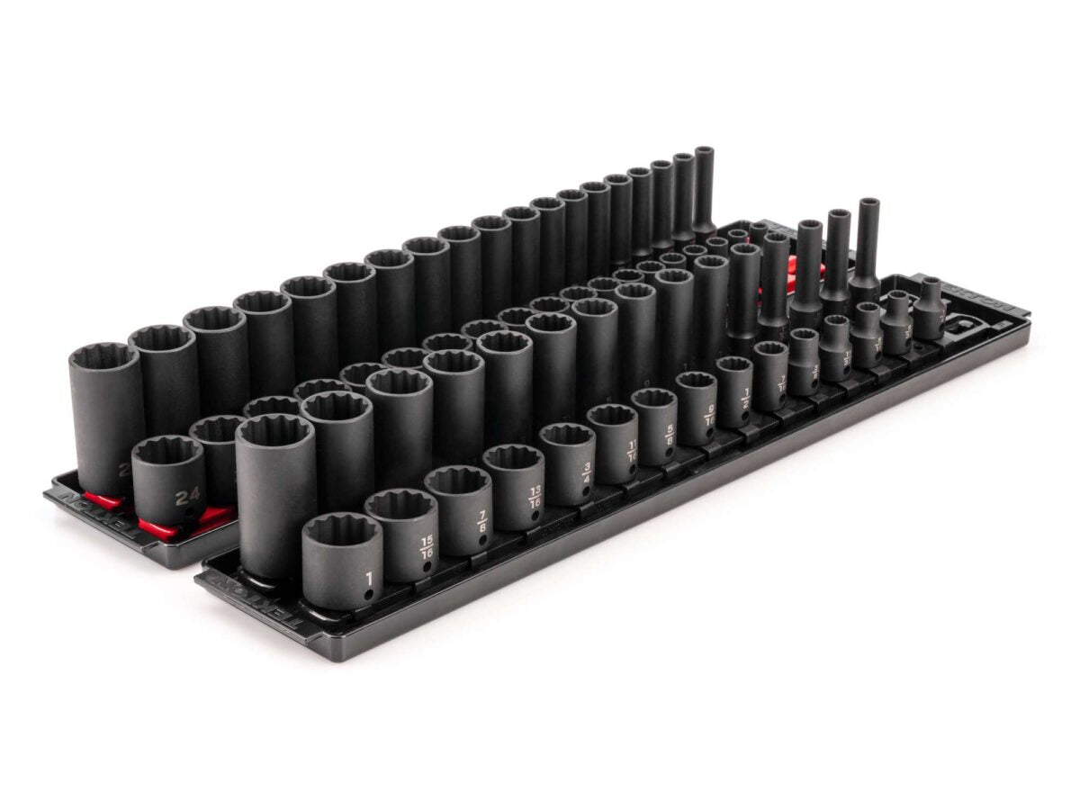TEKTON 3/8 Inch Drive 12-Point Impact Socket Set with Rails and Trays, 68-Piece (1/4-1 in., 6-24 mm) | SID91219