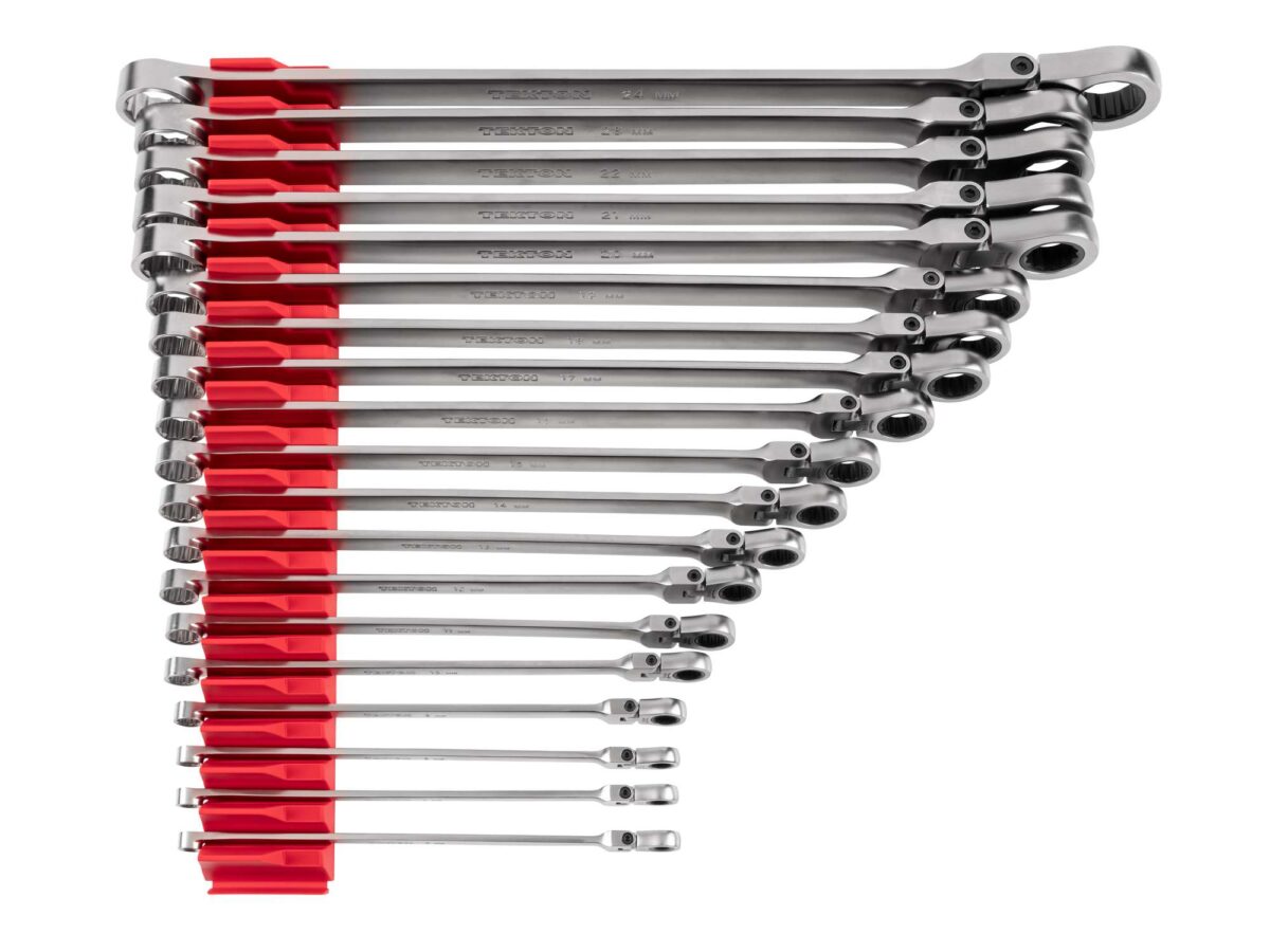 TEKTON Long Fixed/Flex Head 12-Point Ratcheting Box End Wrench Set with Modular Organizers, 19-Piece (6-24 mm) | WRB95304