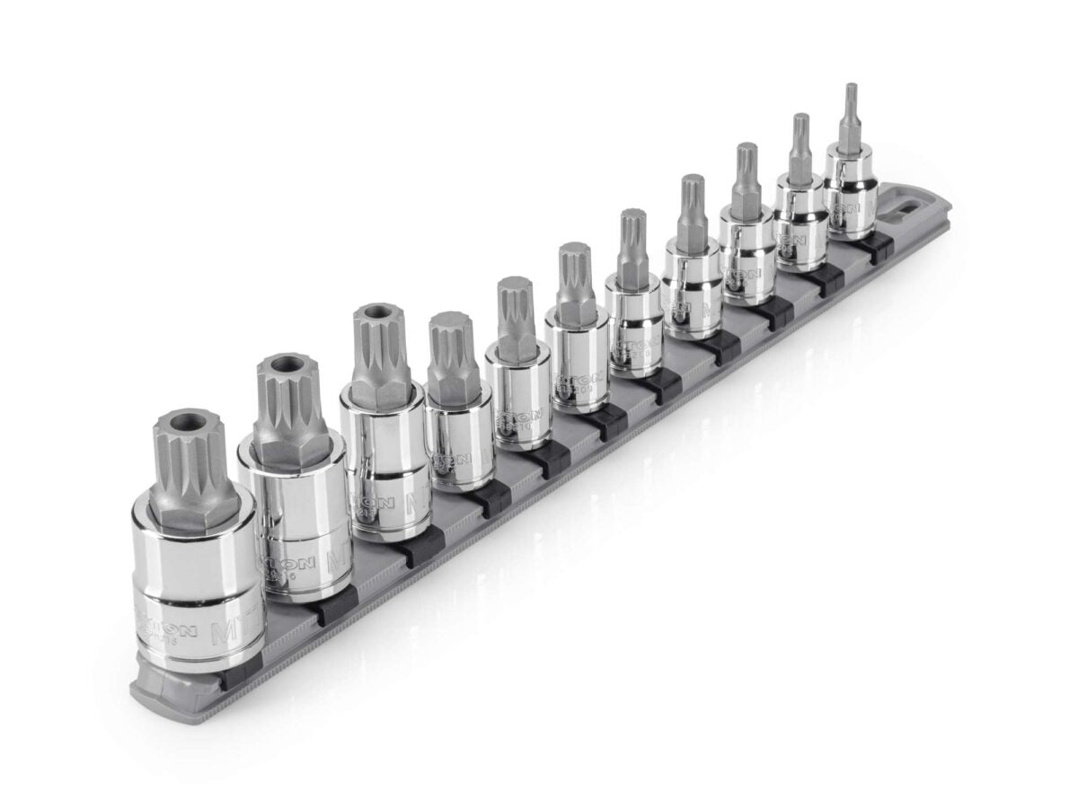 TEKTON 3/8 Inch Drive Triple Square and 1/2 Inch Drive TR Triple Square Bit Socket Set with Rail, 11-Piece (M4-M12, MT14-MT18) | SHB99100