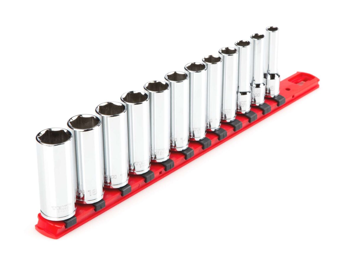 TEKTON 3/8 Inch Drive Deep 6-Point Socket Set with Rail, 12-Piece (8-19 mm) | SHD91106