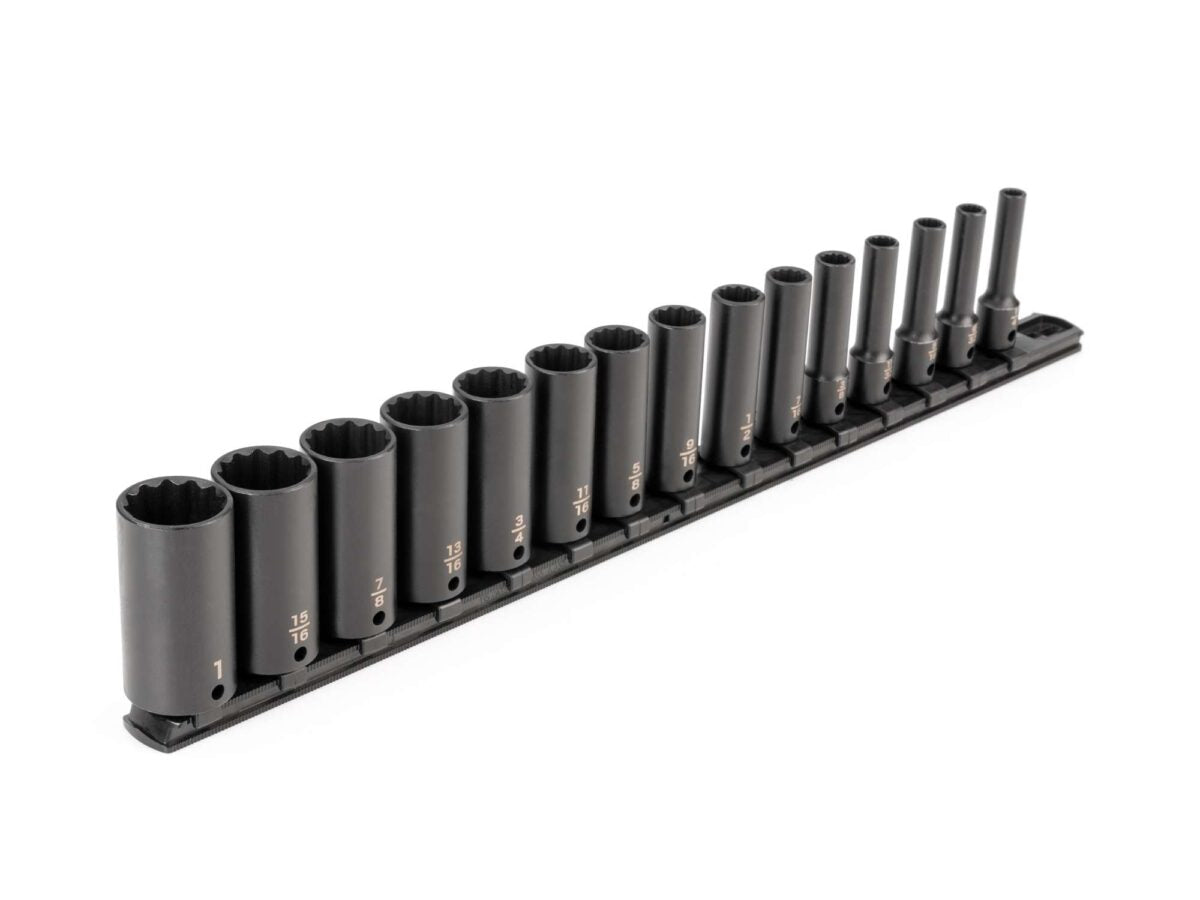TEKTON 3/8 Inch Drive Deep 12-Point Impact Socket Set with Rail, 15-Piece (1/4-1 in.) | SID91113 Main image