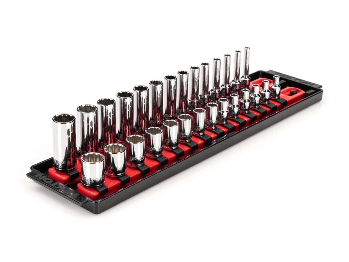 TEKTON 1/4 Inch Drive 12-Point Socket Set with Rails and Tray, 28-Piece (4-15 mm) | SHD90214