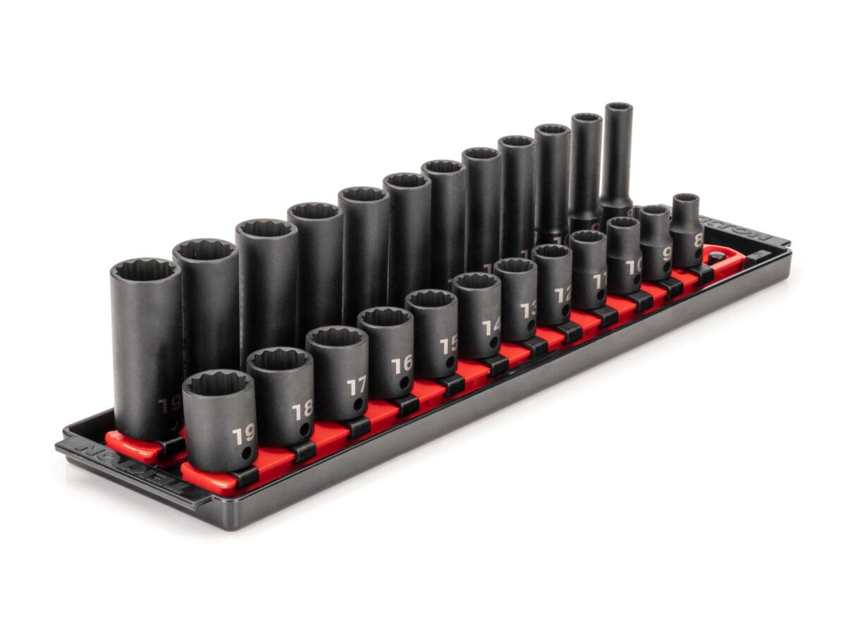 TEKTON 3/8 Inch Drive 12-Point Impact Socket Set with Rails and Tray, 24-Piece (8-19 mm) | SID91213