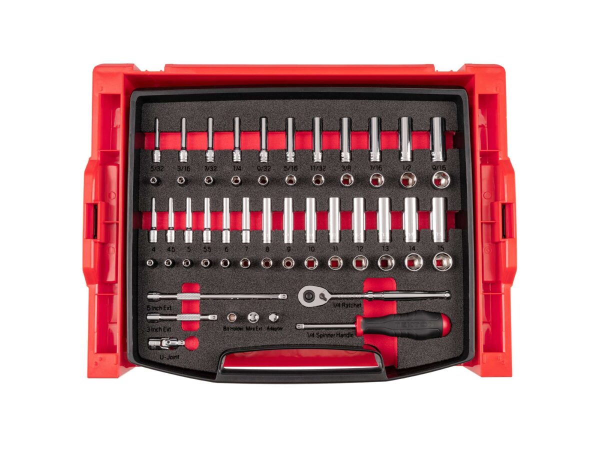 TEKTON 1/4 Inch Drive 6-Point Socket and Ratchet Set with Open Top Drawer and Rack, 58-Piece (5/32-9/16 in., 4-15 mm) | OLB94303