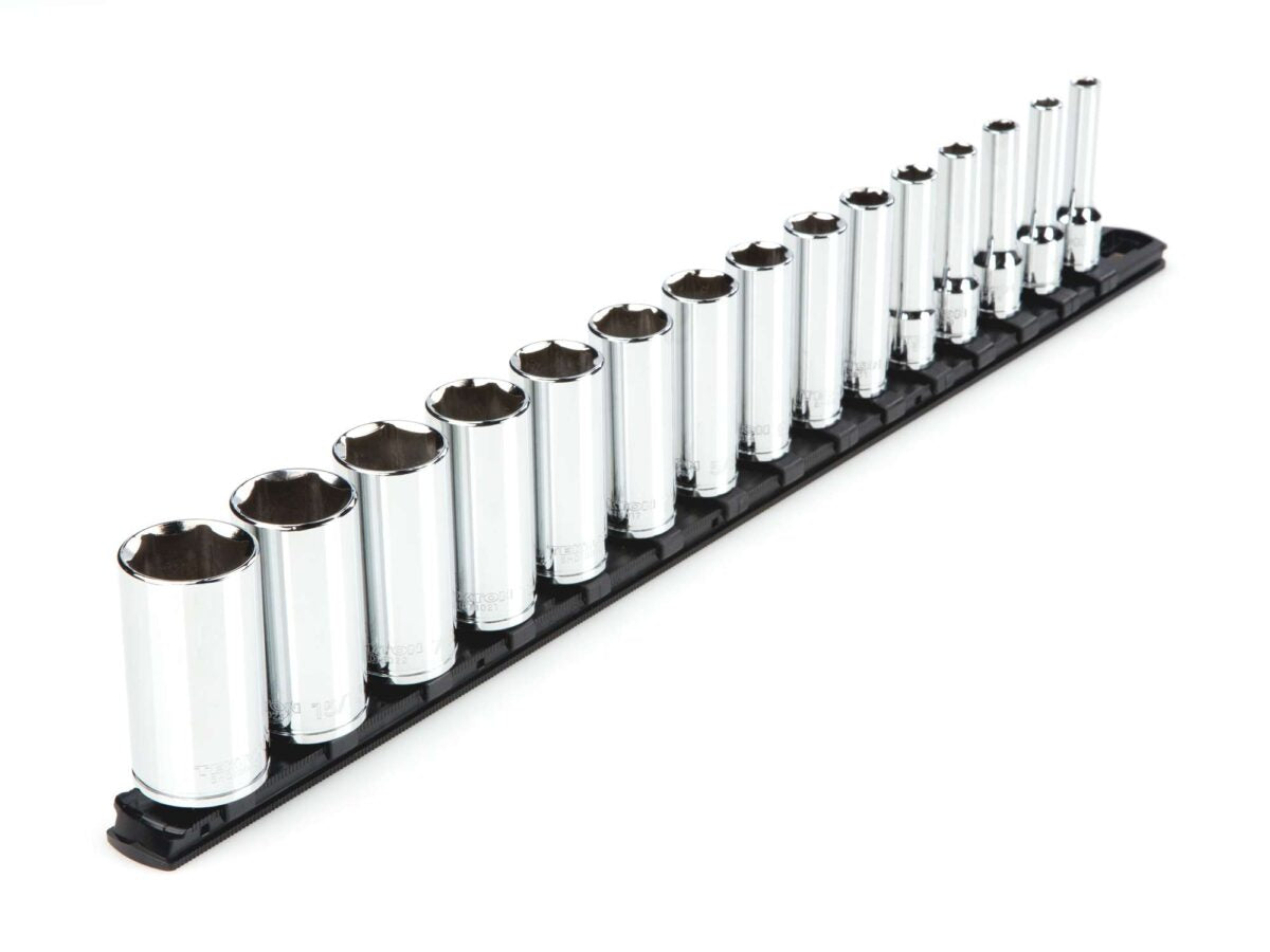 TEKTON 3/8 Inch Drive Deep 6-Point Socket Set with Rail, 15-Piece (1/4-1 in.) | SHD91113