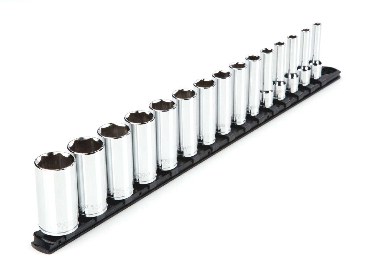 TEKTON 3/8 Inch Drive Deep 6-Point Socket Set with Rail, 15-Piece (1/4-1 in.) | SHD91113