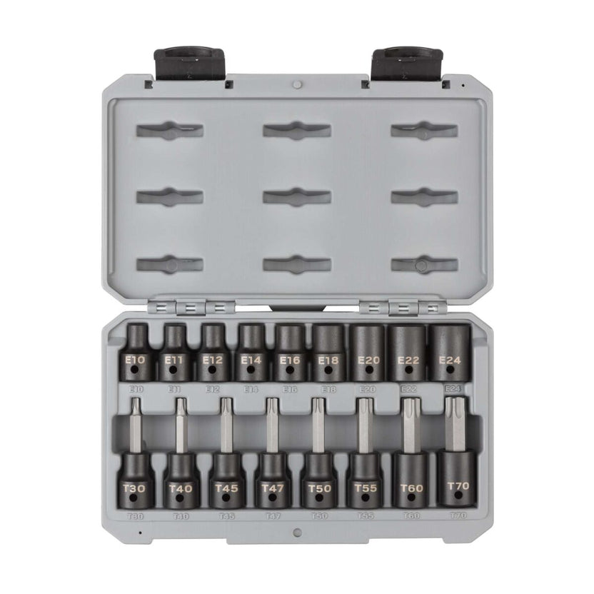 TEKTON 1/2 Inch Drive Torx and External Star Impact Socket Set with Case, 17-Piece (T30-T70, E10-E24) | SKT25801 Main image