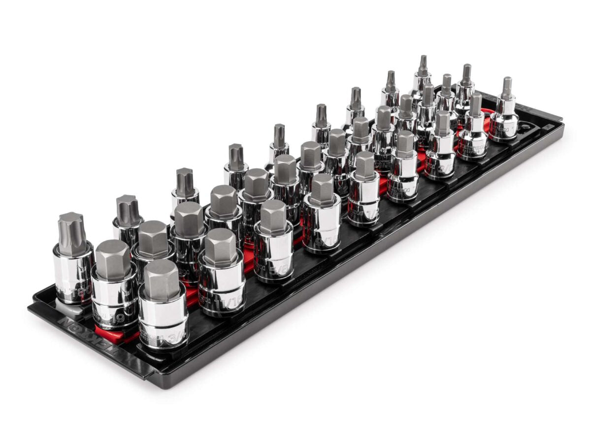 TEKTON 1/2 Inch Drive Hex/Torx Bit Socket Set with Rails and Tray, 32-Piece (1/4-3/4 in., 6-19 mm, T30-T80) | SHB92203