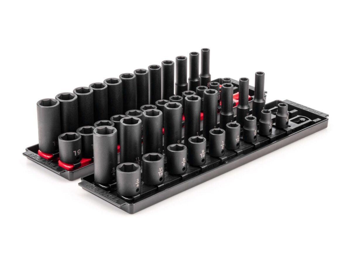 TEKTON 3/8 Inch Drive 6-Point Impact Socket Set with Rails and Trays, 42-Piece (5/16-3/4 in., 8-19 mm) | SID91216 Main image