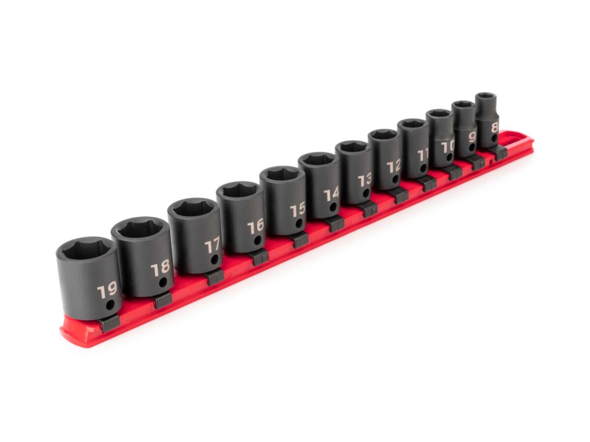 TEKTON 3/8 Inch Drive 6-Point Impact Socket Set with Rail, 12-Piece (8-19 mm) | SID91102