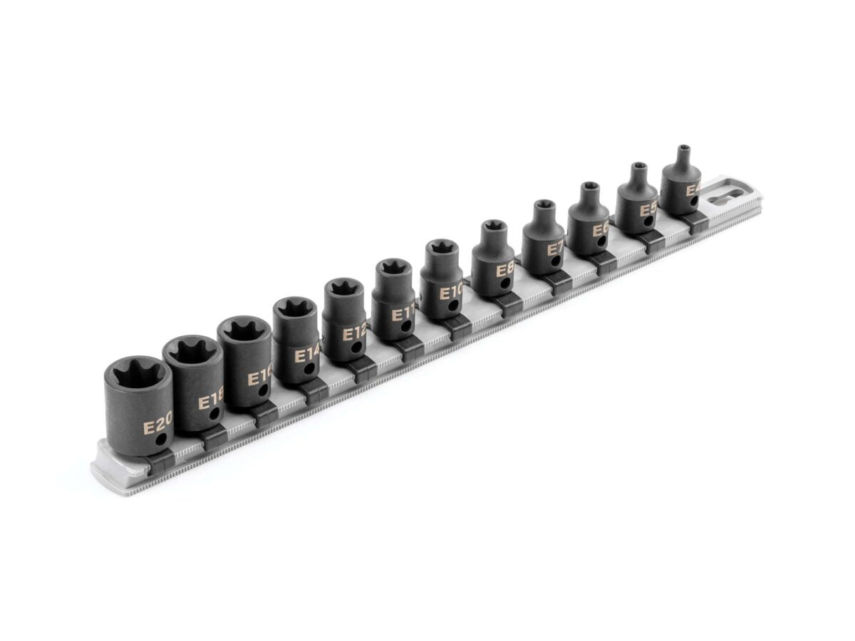 TEKTON 3/8 Inch Drive External Star Impact Socket Set with Rail, 12-Piece (E4-E20) | SID91116