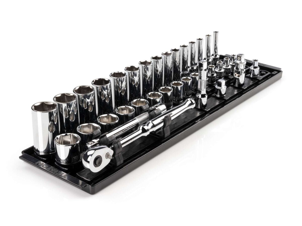 TEKTON 3/8 Inch Drive 6-Point Socket and Ratchet Set with Rails and Tray, 36-Piece (1/4-1 in.) | SKT13101