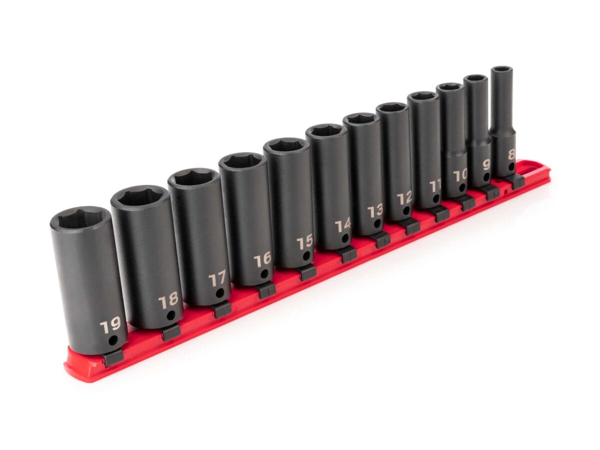 TEKTON 3/8 Inch Drive Deep 6-Point Impact Socket Set with Rail, 12-Piece (8-19 mm) | SID91103