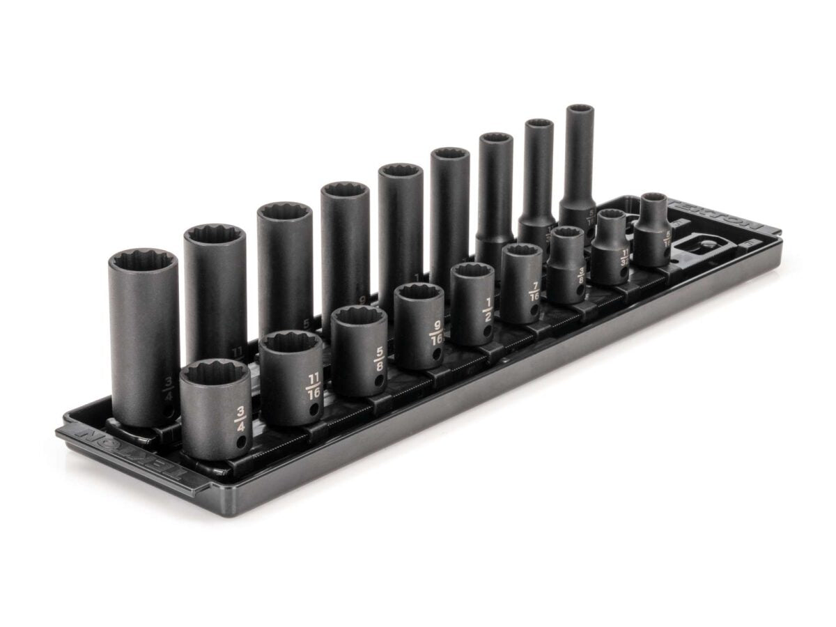 TEKTON 3/8 Inch Drive 12-Point Impact Socket Set with Rails and Tray, 18-Piece (5/16-3/4 in.) | SID91212