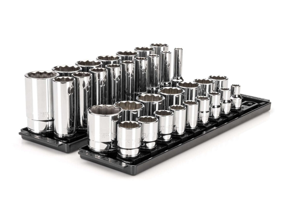 TEKTON 1/2 Inch Drive 12-Point Socket Set with Rails and Trays, 32-Piece (3/8 - 1-5/16 in.) | SHD92206