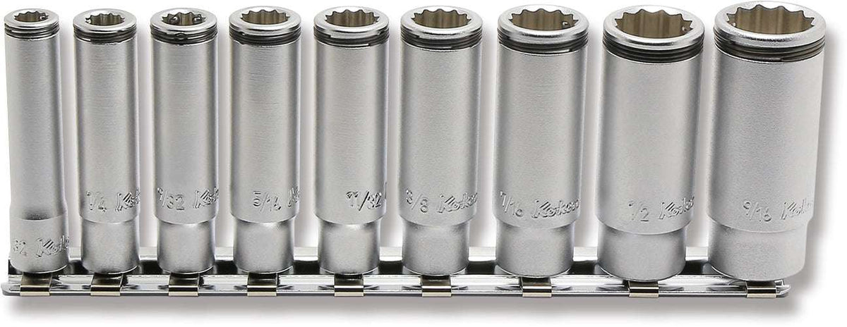 Ko-ken RS2355A/9 1/4" Sq. Drive 12-Point SAE Deep NUT GRIP® 9 Piece Socket Set
