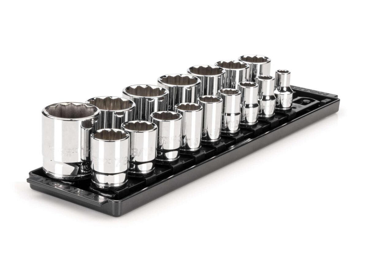 TEKTON 1/2 Inch Drive 12-Point Socket Set with Rails and Tray, 16-Piece (3/8 - 1-5/16 in.) | SHD92118