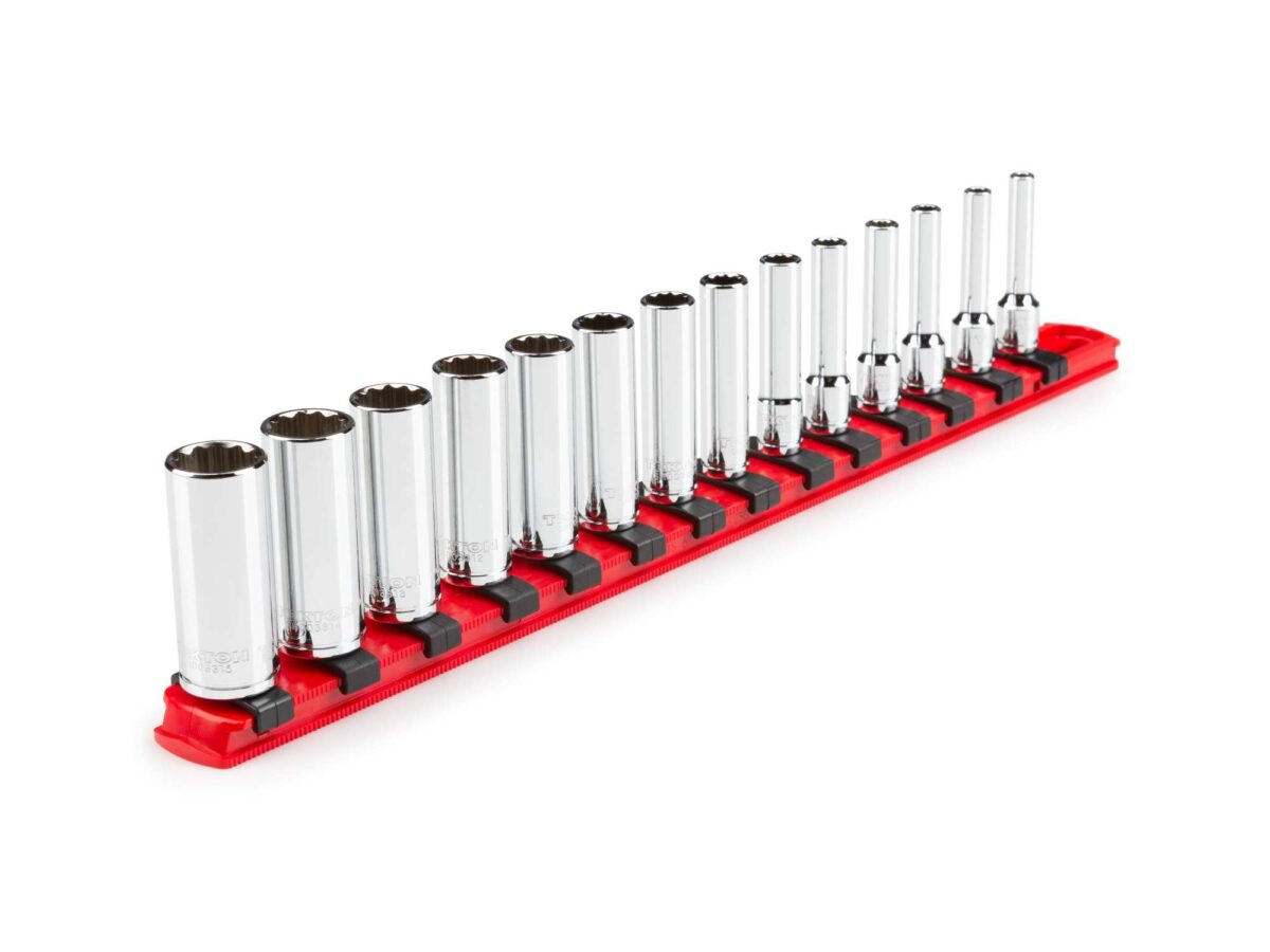 TEKTON 1/4 Inch Drive Deep 12-Point Socket Set with Rail, 14-Piece (4-15 mm) | SHD90114 Main image