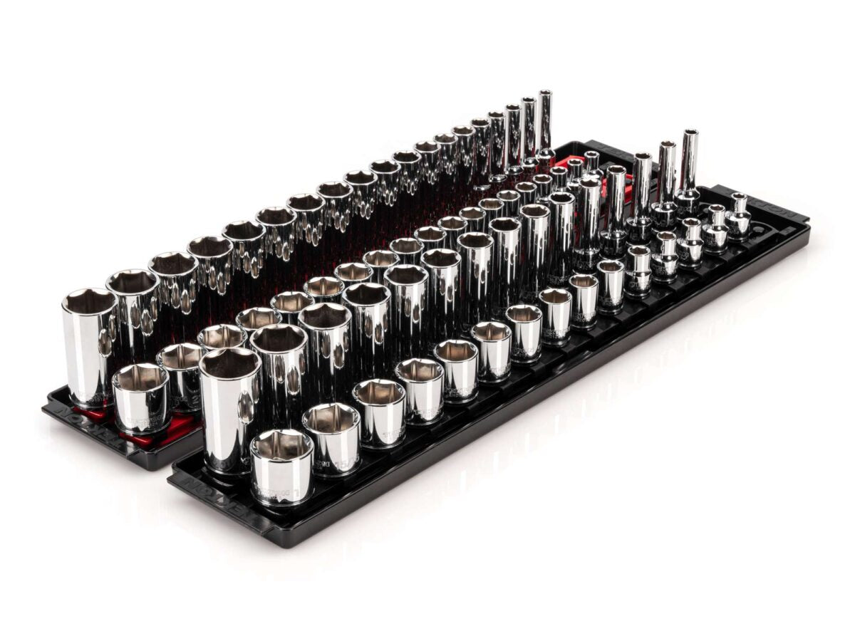 TEKTON 3/8 Inch Drive 6-Point Socket Set with Rails and Trays, 68-Piece (1/4-1 in., 6-24 mm) | SHD91220
