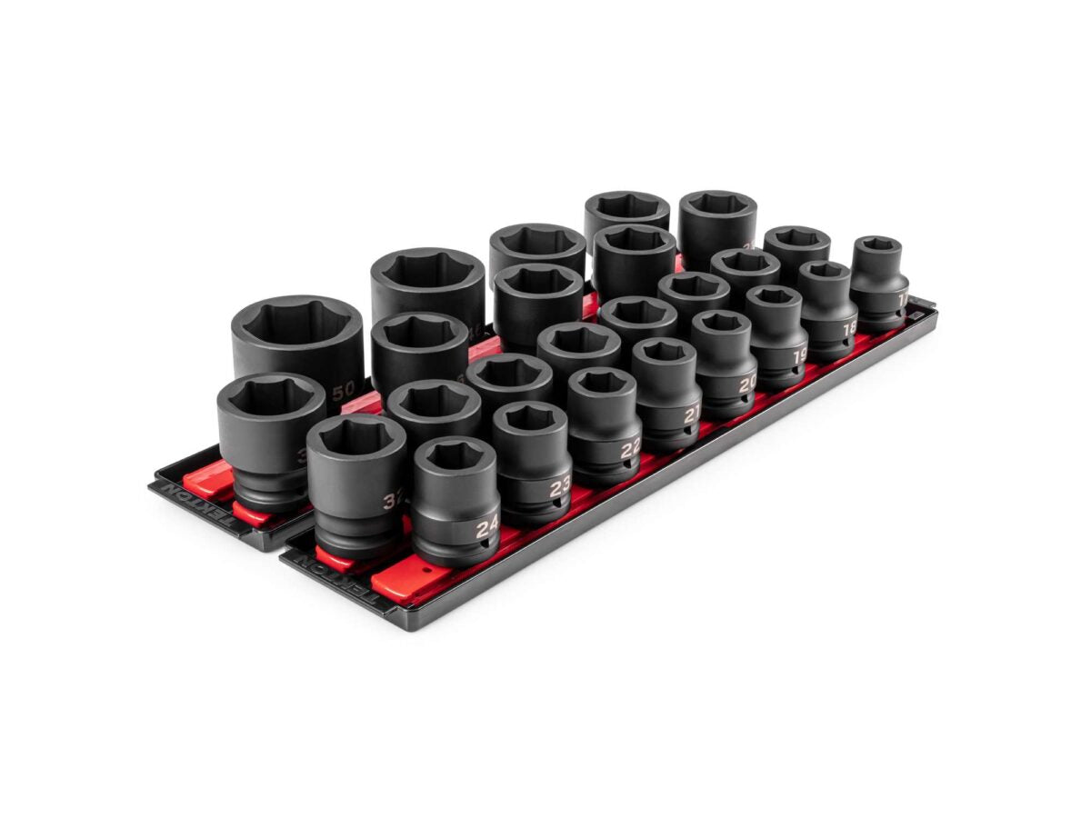 TEKTON 3/4 Inch Drive 6-Point Impact Socket Set with Rails and Trays, 25-Piece (17-50 mm, Common Sizes) | SID93113